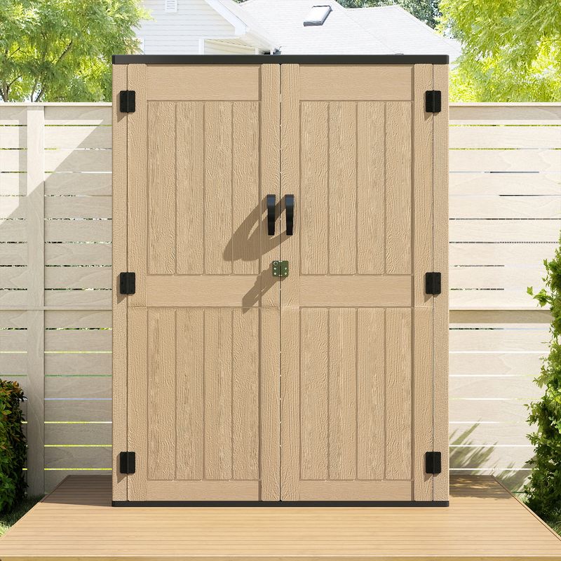Front view of outdoor resin storages shed