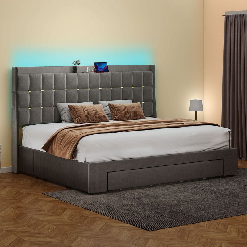 grey velvet bed frame, velvet bed frame, velvet bed frame king, king size bed frame​, king size bed frame with headboard, king bed frame with storage​, king size bed frame with underbed storage, grey king bed frame