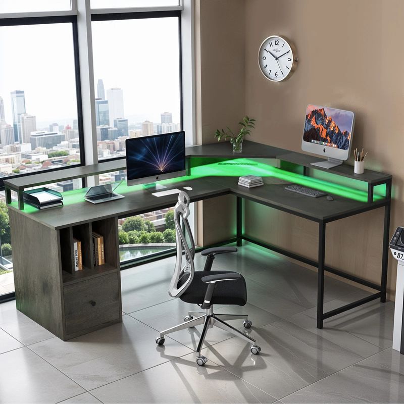 L shaped gaming desk, RGB computer desk, professional gaming desk, desk with USB ports, triple monitor desk, record player desk, elite gamer desk, office desk with lighting, heavy duty computer desk
L-Shape LED Wood Corner Computer Desk, L-Shape Wood Computer Desk with Monitor Stand and Storage, LED Wood Computer Table in Rustic Brown, L-Shape Wood Corner Computer Table with Power Outlets