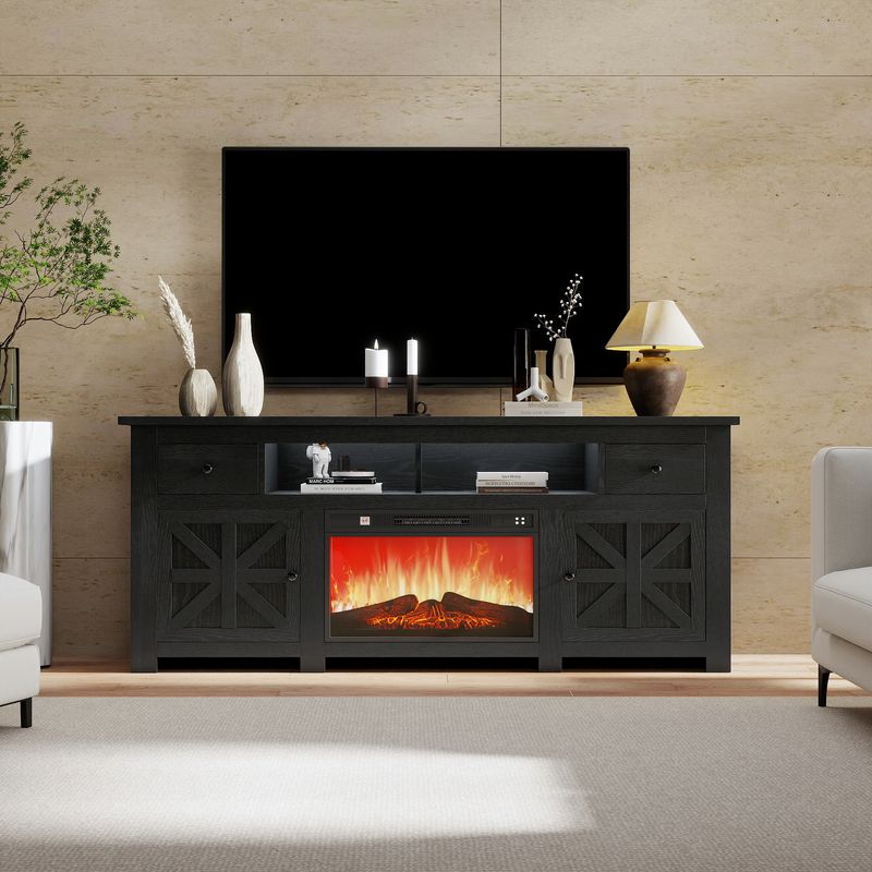 Front view of the black fireplace tv stand