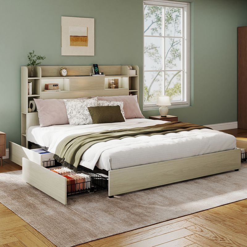 white bed frame with storage