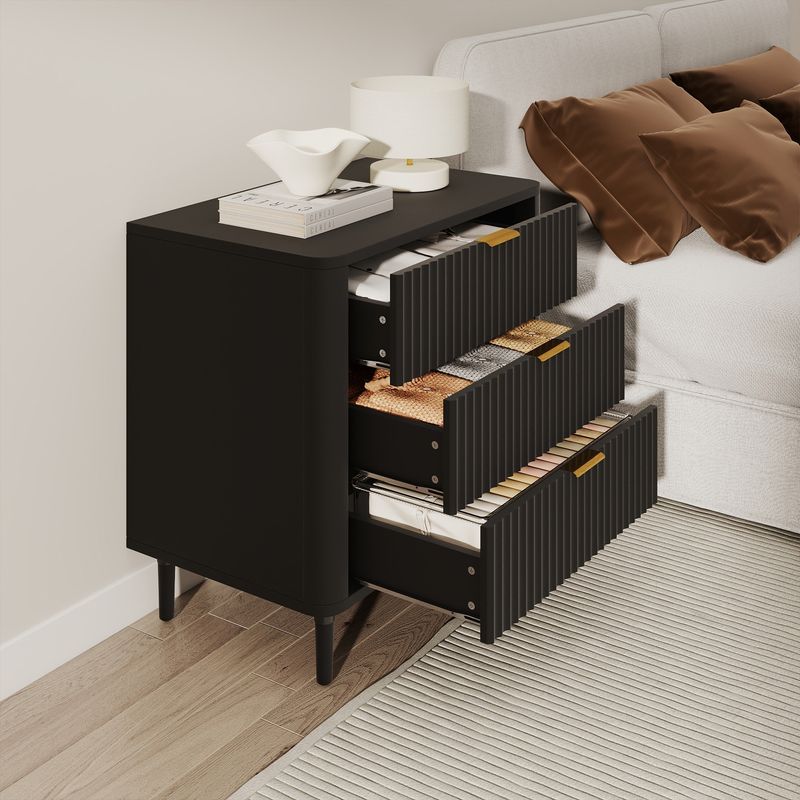 Side view of the wood nightstand with open drawer