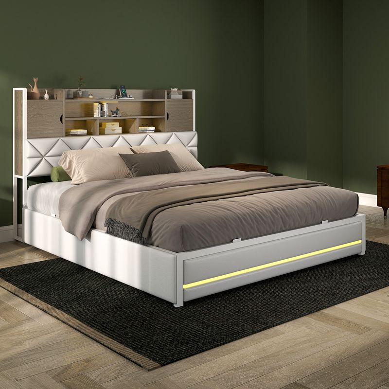 white queen bed frame, white bed frame​, queen bed frame with storage​, upholstered bed frame with storage, pu leather queen bed frame, upholstered bed frame​, queen size bed frame