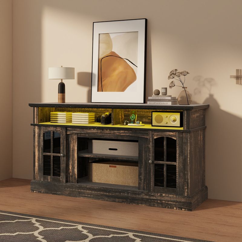 dark rustic tv stand​, tv stand with led lights, tv stand with glass doors, wood tv stand with glass doors