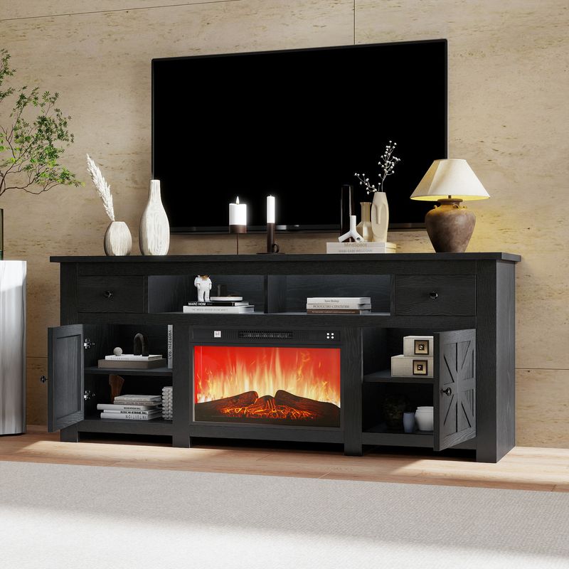 Side view of the black fireplace tv stand with door open