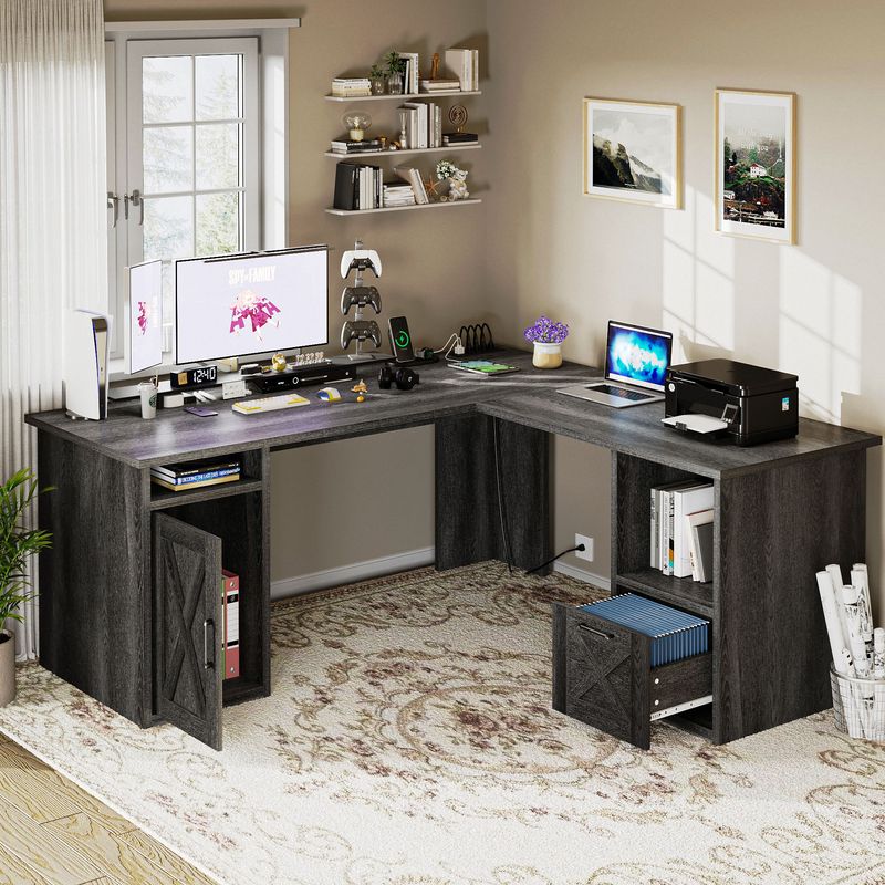 L-Shaped Reversible Office Desk With 5 Drawers & LED Lights – Rustic Brown