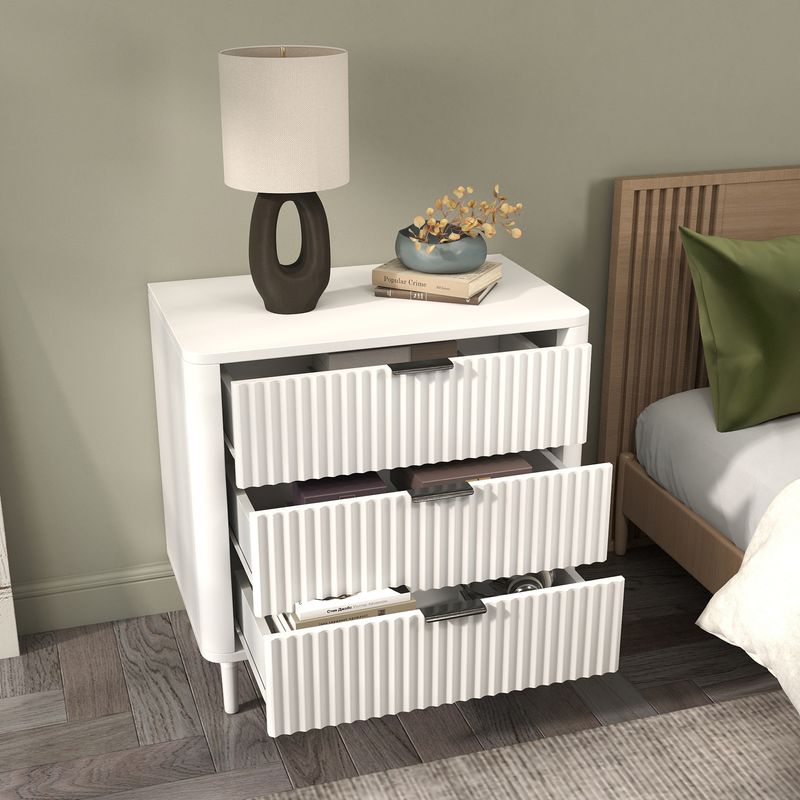 Side view of the white affordable bedside table with open drawer