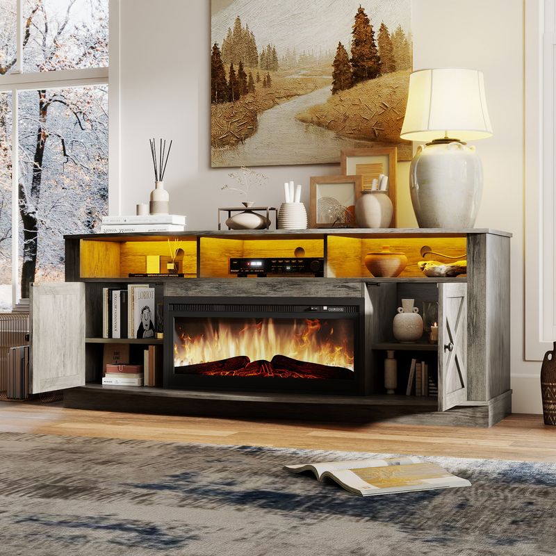 Side view of the Entertainment center with electric fireplace with door open