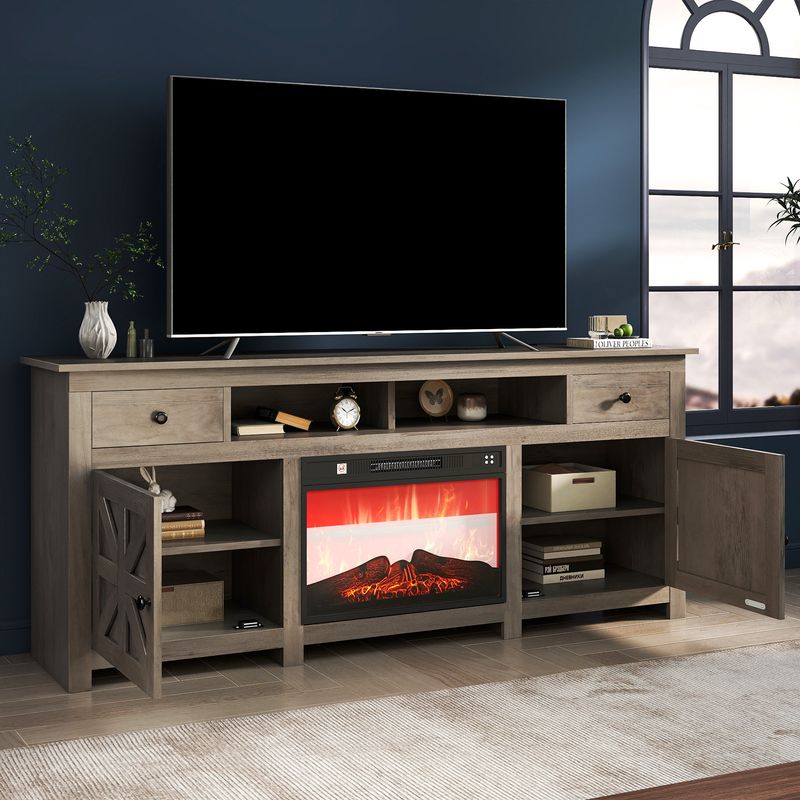 Side view of the electric fireplace tv stand with door open