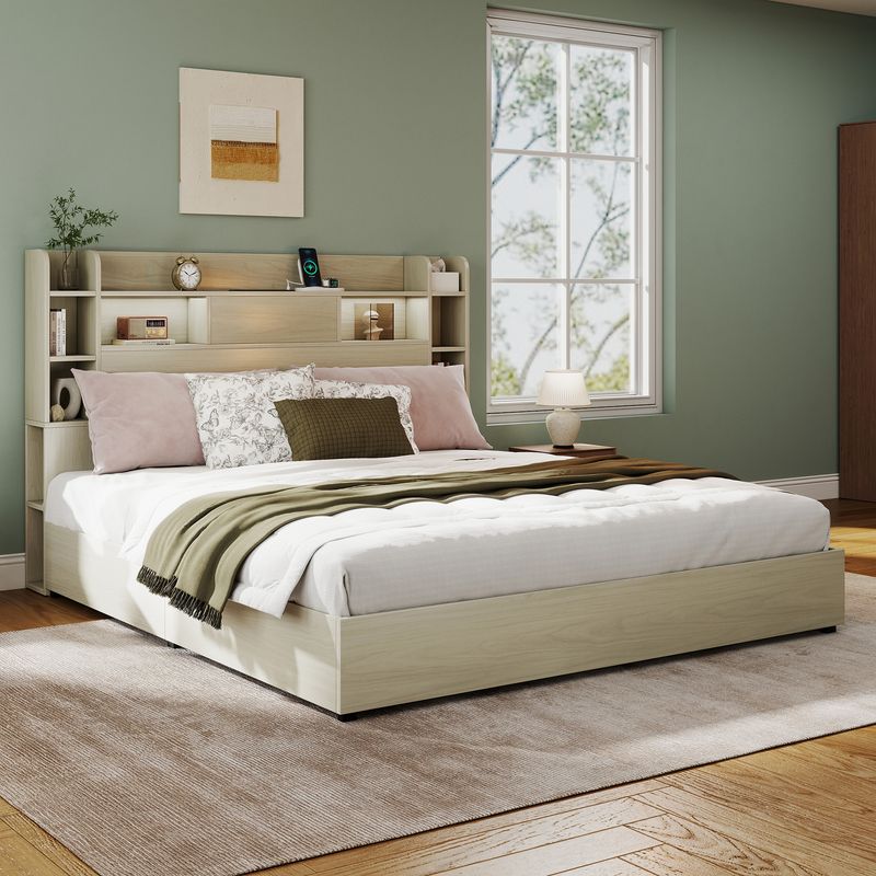 white bed frame with storage and headboard