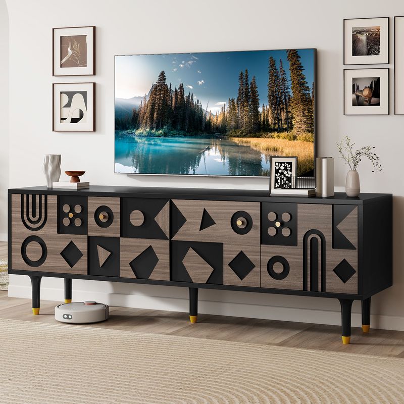 black mid century modern tv stand, carved wood tv stand, tv stand for 80 inch tv​, mid century modern tv stand, mid century modern tv stand 70 inch, black tv stand, black 70 inch tv stand​