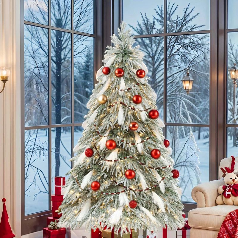 6 FT Snowy Christmas Tree with Feathers and Lights