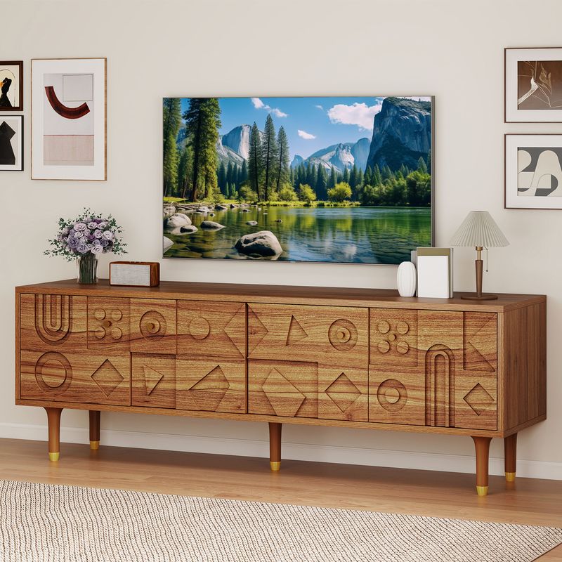 carved wood tv stand, tv stand for 80 inch tv​, mid century modern tv stand, mid century modern tv stand 70 inch, walnut tv stand, walnut mid century modern tv stand