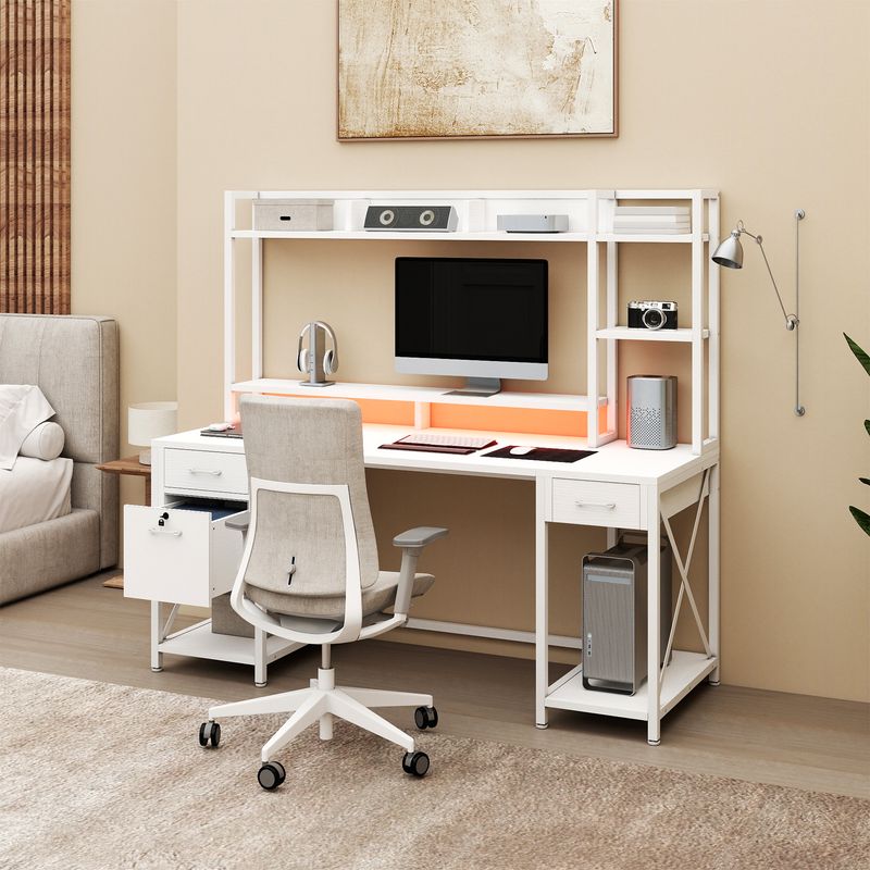 office desk with cabinet, computer desk with led lights, large computer desk, corner desk with power outlets, computer desk with monitor stand, computer desk in gray, computer desk, gaming desk, office desk, 
gaming desk with LED lights, office desk with charging station, computer desk with USB ports, RGB desk with storage, multifunctional workstation, desk with built-in power outlets, ergonomic gaming desk, desk with monitor stand