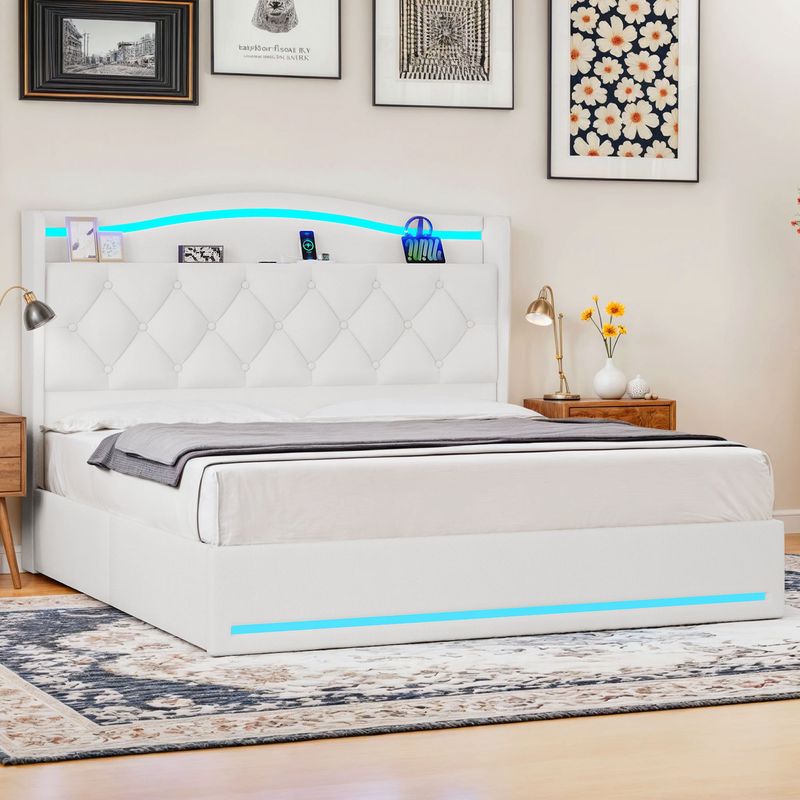 queen size platform bed, smart bed frame with lights, storage bed with charging, RGB LED bed frame, velvet upholstered bed, USB charging bed, modern platform bed, queen bed with drawers, app controlled lighting, silent storage bed