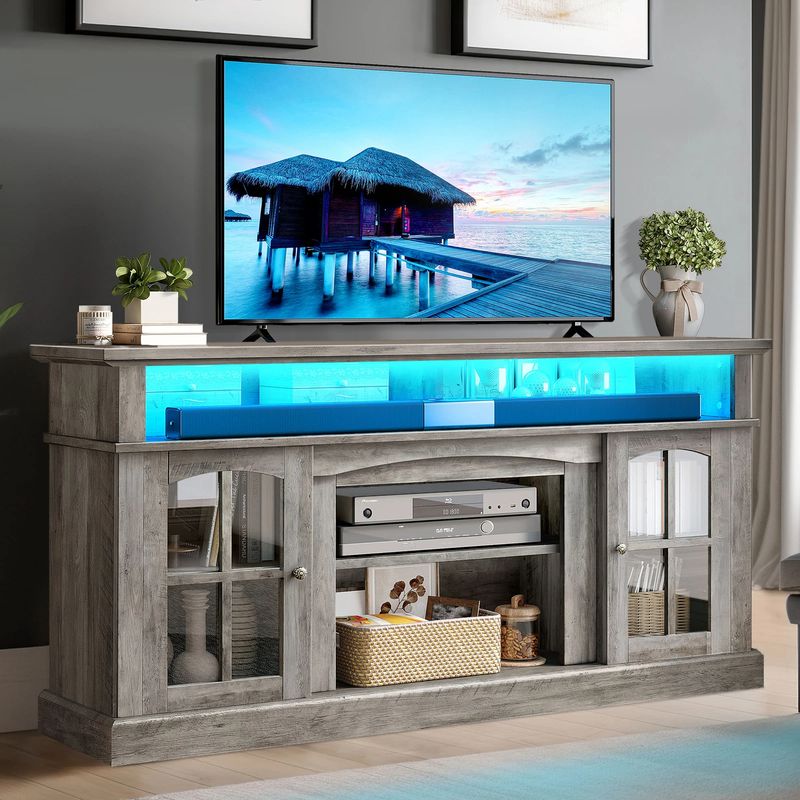 grey wood tv stand​, grey farmhouse tv stand, grey tv stand with led lights​, grey tv stand for 65 inch tv, tv stand with led lights, tv stand with glass doors, wood tv stand with glass doors
