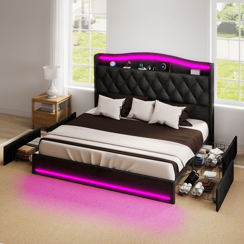 king size platform bed, smart bed frame with lights, RGB lighting bed, velvet upholstered bed, storage bed frame, app controlled bedroom furniture, modern bed with drawers, queen size platform bed, music sync lighting, TB117 certified furniture
