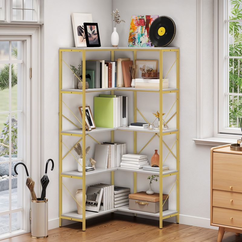 white corner bookshelf with golden frame, gold bookcase with white shelves, etagere bookcase, 5 shelf bookcase, L-shaped corner bookcase, wood bookcase, corner bookshelf, corner bookcase