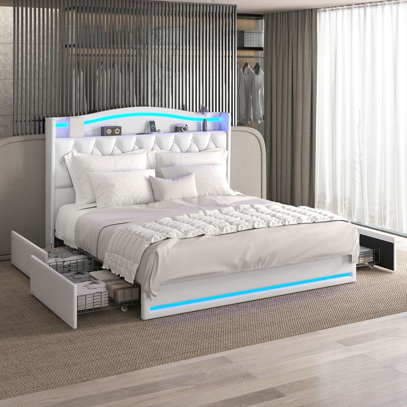 king size platform bed, smart bed frame with lights, RGB lighting bed, velvet upholstered bed, storage bed frame, app controlled bedroom furniture, modern bed with drawers, queen size platform bed, music sync lighting, TB117 certified furniture