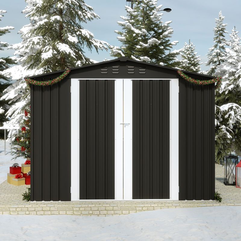 8x6 ft Dark Grey Metal Modern Shed with Lockable Door For Christmas Storage