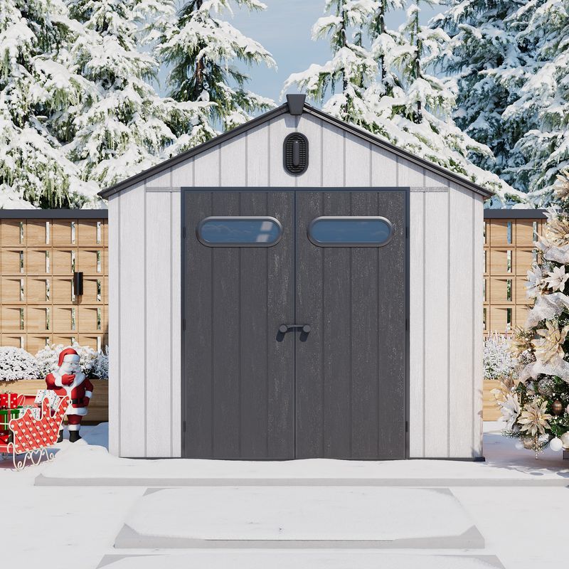 Front view of 8x8 storage shed for christmas decorations​