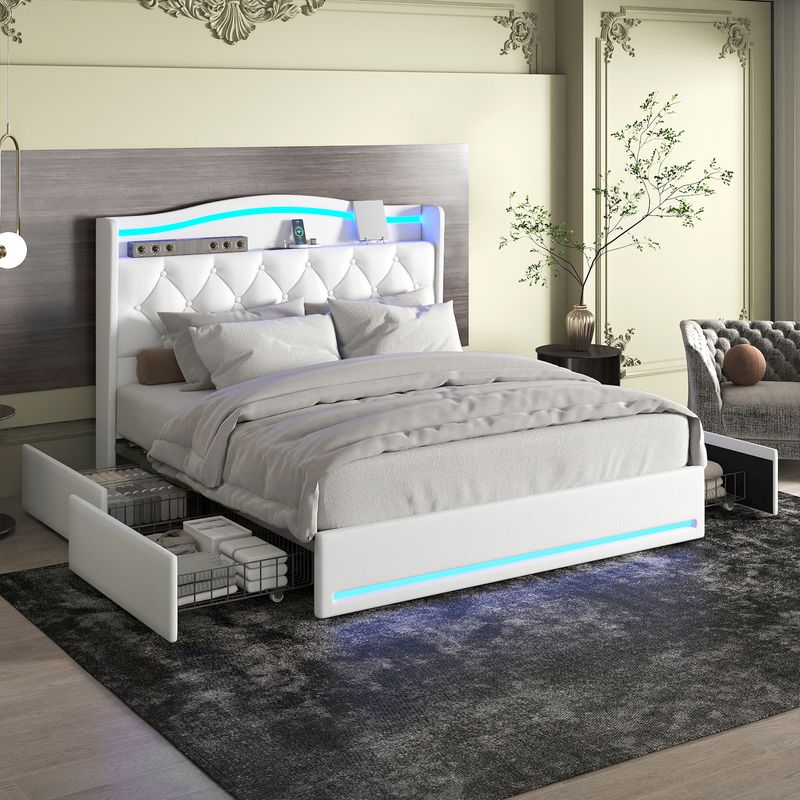 queen size platform bed, smart bed frame with lights, storage bed with charging, RGB LED bed frame, velvet upholstered bed, USB charging bed, modern platform bed, queen bed with drawers, app controlled lighting, silent storage bed