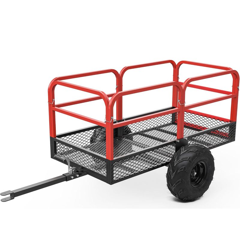 ATV dump trailer 1500lb, lawn mower tow behind cart, 15 cubic foot garden trailer, heavy duty yard trailer, YITAMOR lawn trailer, mesh bed dump cart, red rail utility trailer