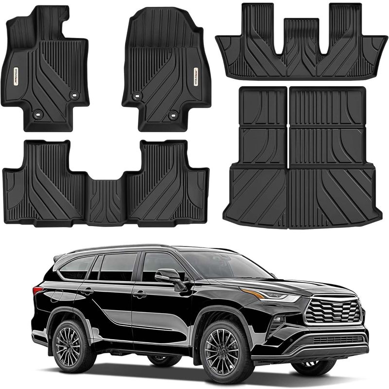 2024 toyota grand highlander floor mats, grand highlander hybrid floor liners, 7-seat suv cargo mats, tpe all-weather mats for grand highlander, 3rd row floor mats, custom fit trunk liner with subwoofer, non-slip car mats toyota