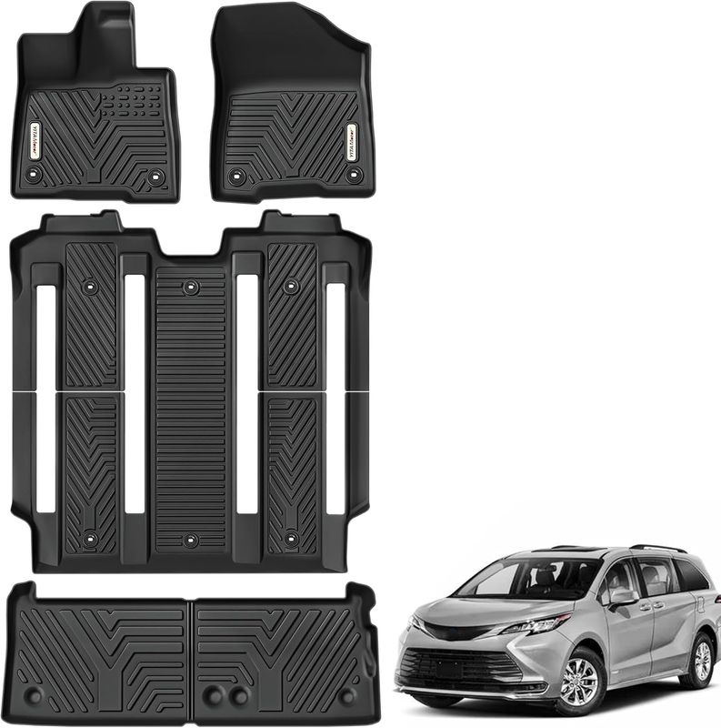 YITAMOTOR Toyota Sienna floor mats, all-weather car liners 2021-2025, TPE floor mats for Sienna, 7-seat Sienna trunk liner, custom fit Sienna floor mats, waterproof car mats, 1st/2nd/3rd row liners, Toyota Sienna accessories, durable TPE liners, spill-proof floor protection