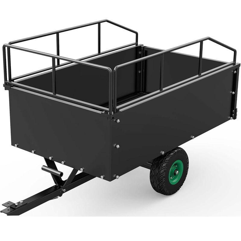 ATV dump trailer, lawn mower trailer tow behind, 15 cubic feet dump cart, 750 lb capacity utility trailer, yard cart with removable sides, garden trailer, hauling trailer for ATV, tow behind cart, YITAMOTOR, landscaping trailer