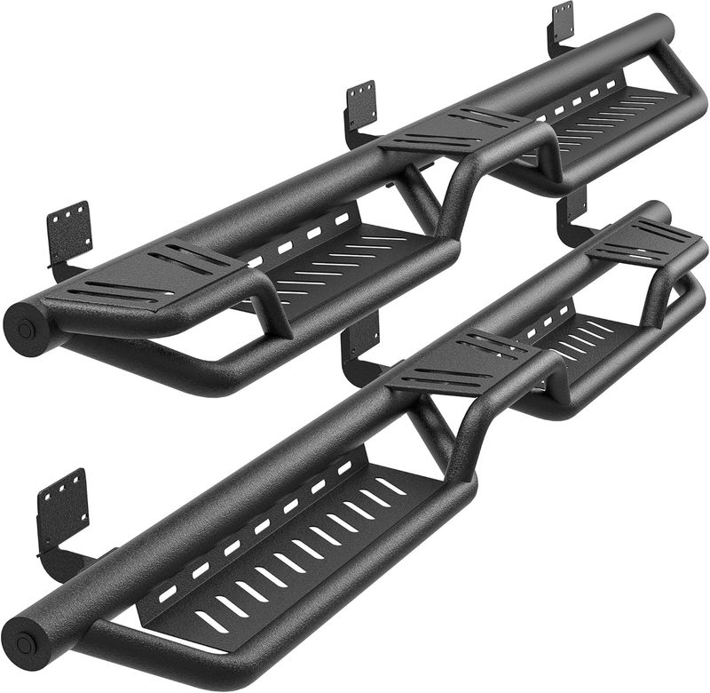 Ram 1500 running boards, wheel to wheel steps, two-step side steps, bed access steps, New Body Ram 1500, carbon steel nerf bars, black powder coated, YITAMOTOR running boards