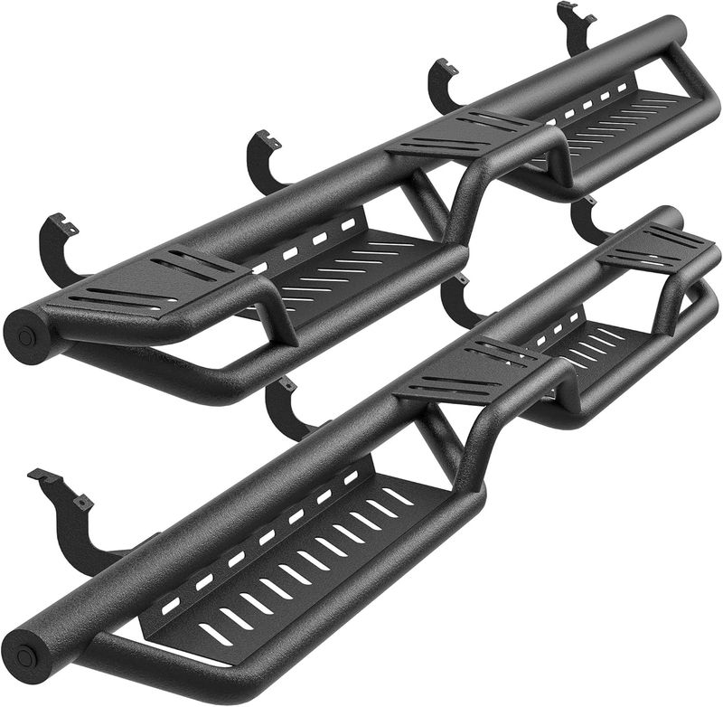 Toyota Tundra running boards, wheel to wheel steps, Tundra CrewMax side steps, two-step bed access, black powder coated nerf bars, 2022 Tundra accessories, carbon steel step rails, YITAMOTOR running boards