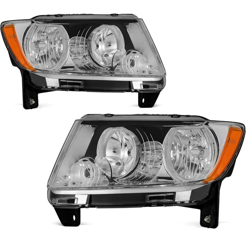 Jeep Grand Cherokee headlights, 2011 Grand Cherokee headlamps, headlight assembly replacement, chrome housing, amber reflector, clear lens, YITAMOTOR, WK2 headlights