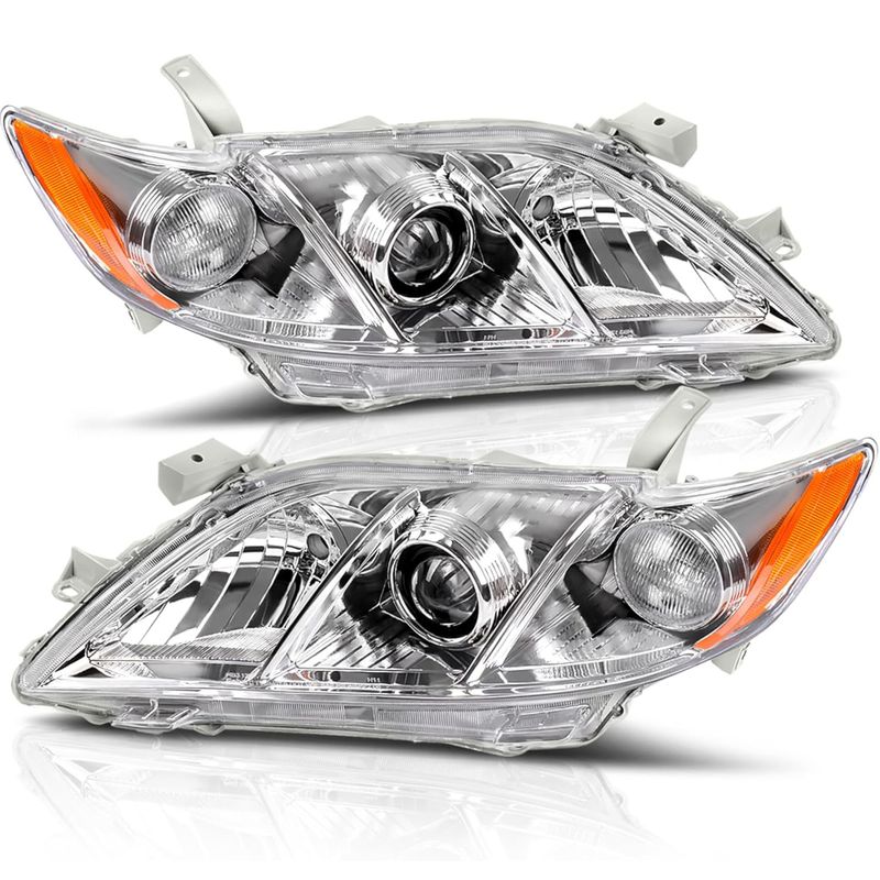 Toyota Camry projector headlights, 2007 Camry headlamp assembly, projector lens headlights, Camry headlight pair, chrome housing headlights, amber reflector, non-hybrid replacement, YITAMOTOR