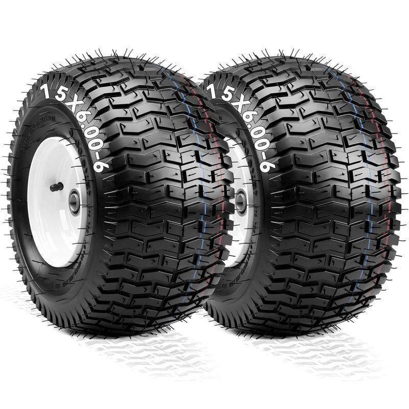 15x6.00-6 flat free tires, lawn mower wheel assemblies, 4 ply front tires, 3 inch centered hub, 3/4 inch bearing, John Deere front wheels, YITAMOTOR