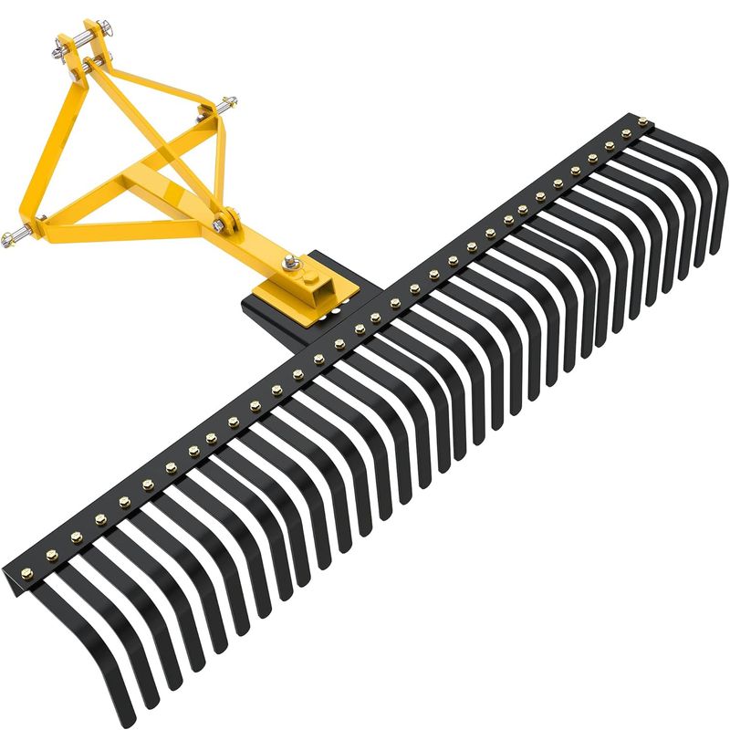 3 point landscape rake, rock rake for tractor, Category 1 rake, 5 ft rake, 360 degree rotation, replaceable teeth, YITAMOTOR, compact tractor attachment