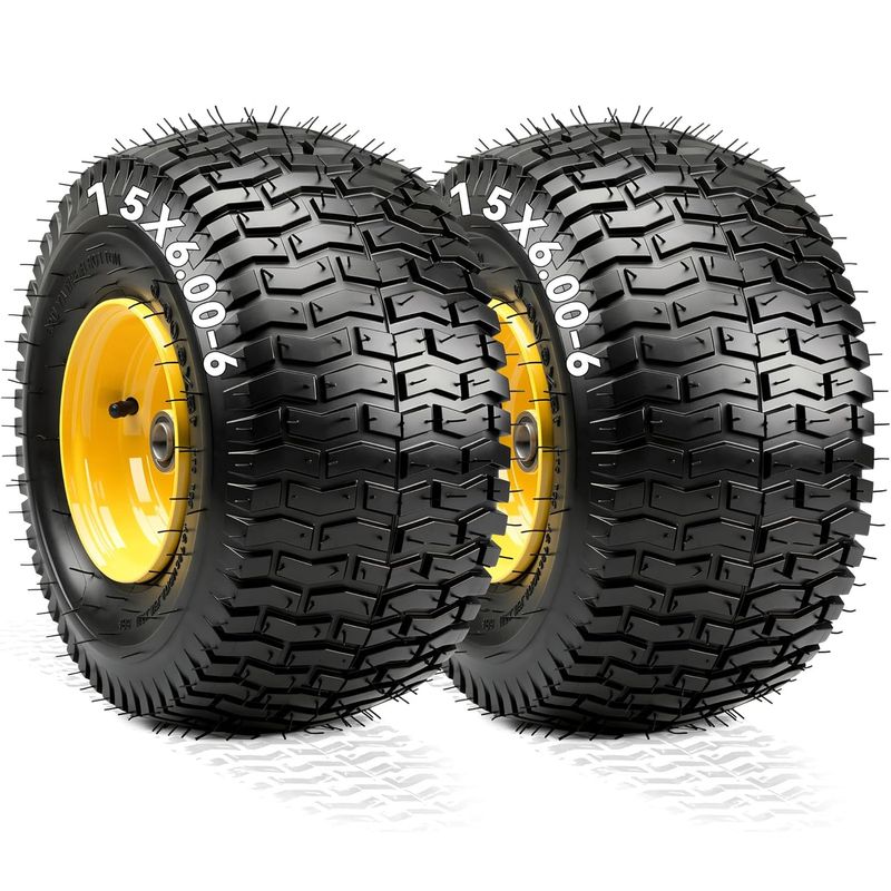 15x6.00-6 flat free tires, offset hub wheel assemblies, lawn mower front tires, 4 ply pneumatic tires, 3 inch offset hub, 3/4 bearing, John Deere front wheels, YITAMOTOR