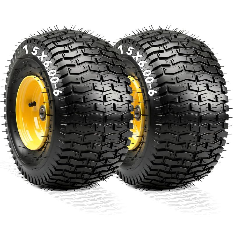 15x6.00-6 lawn mower tires, offset hub wheel assemblies, riding mower front tires, 4 ply pneumatic tires, 3 inch offset hub, 3/4 bearing, John Deere front tires, YITAMOTOR