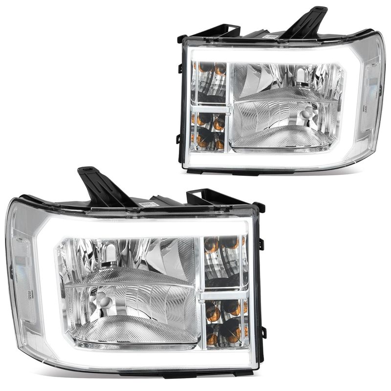 LED DRL Headlights Assembly Compatible with 2007-2013 GMC Sierra 1500/2007-2014 GMC Sierra 2500 HD/Sierra 3500 HD (Not fit classic models) Headlamp Chrome Housing Clear Lens