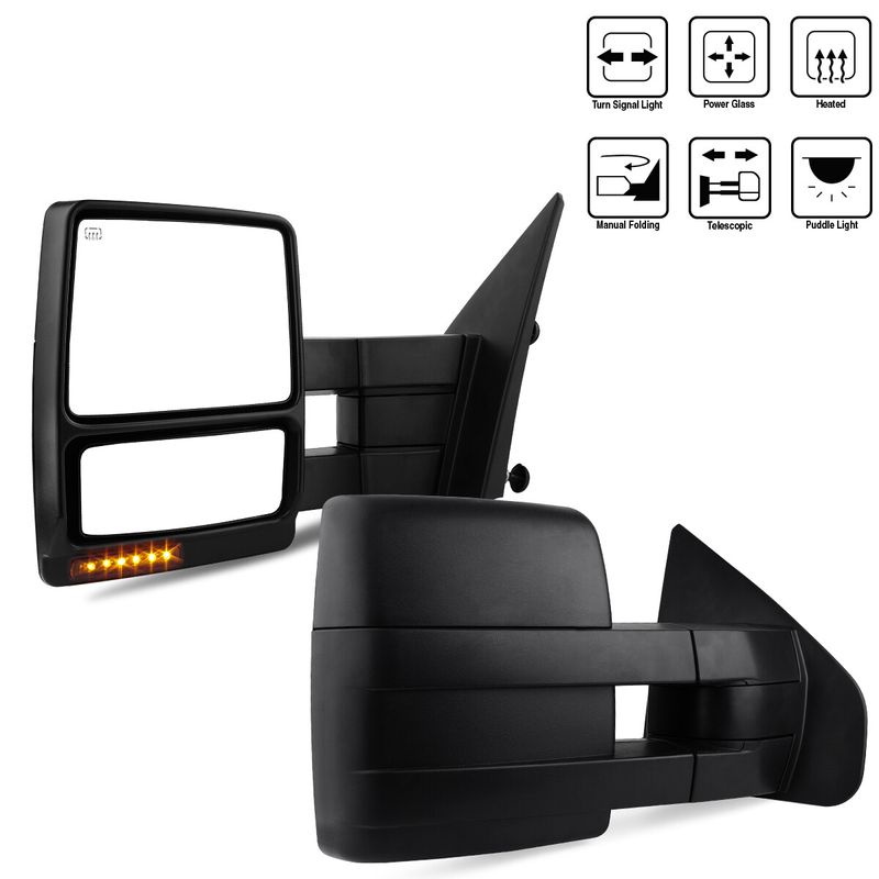 Pair Power Heated Tow Mirrors For 07-14 Ford F150 Pickup LED Turn Signal Puddle