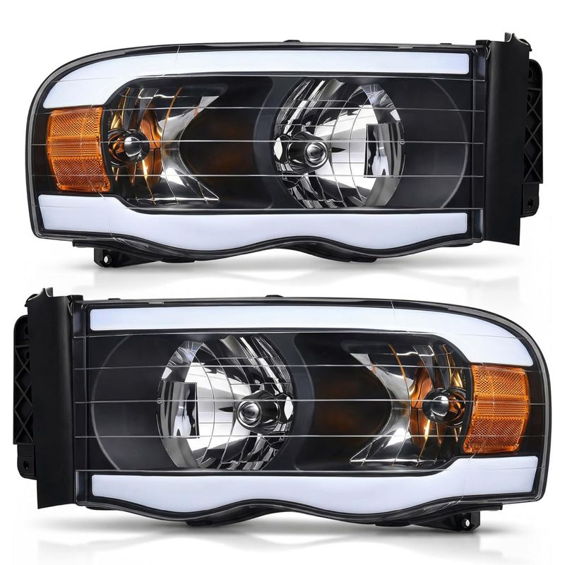 Dodge Ram LED headlights, 2002 Ram 1500 headlight assembly, 2003 Ram 2500 headlights, 2005 Ram 3500 headlamp replacement, LED DRL headlights, black housing headlights, clear lens headlamps, amber reflector headlights, YITAMOTOR Ram headlights, OEM style replacement headlights