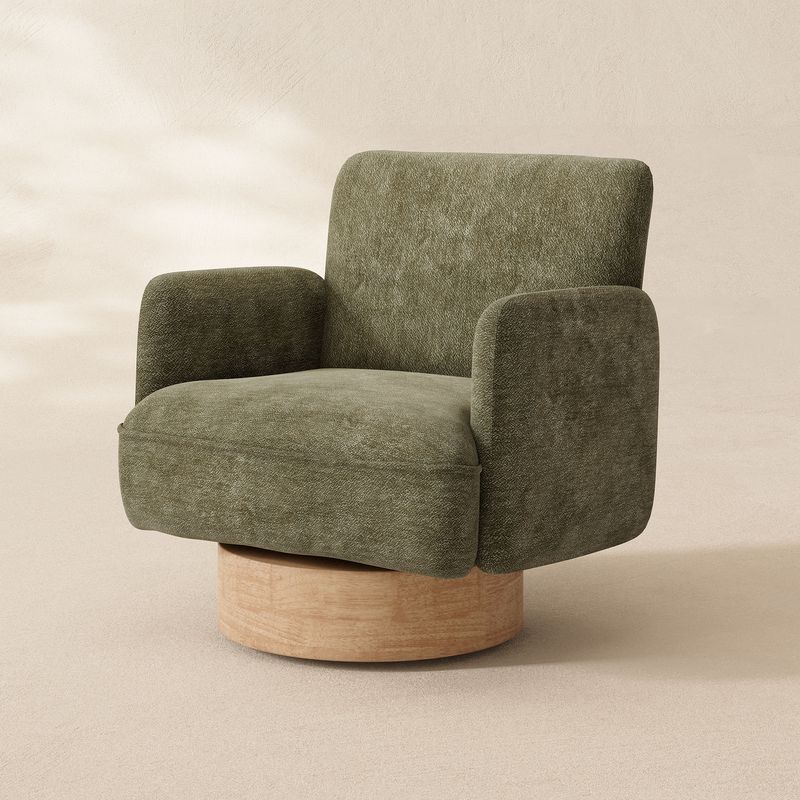 rubberwood swivel chair, chenille upholstery, TB117 certified, spill resistant chair, tall back chair, padded arms, sustainable furniture, home office chair, lounge chair, rotating chair