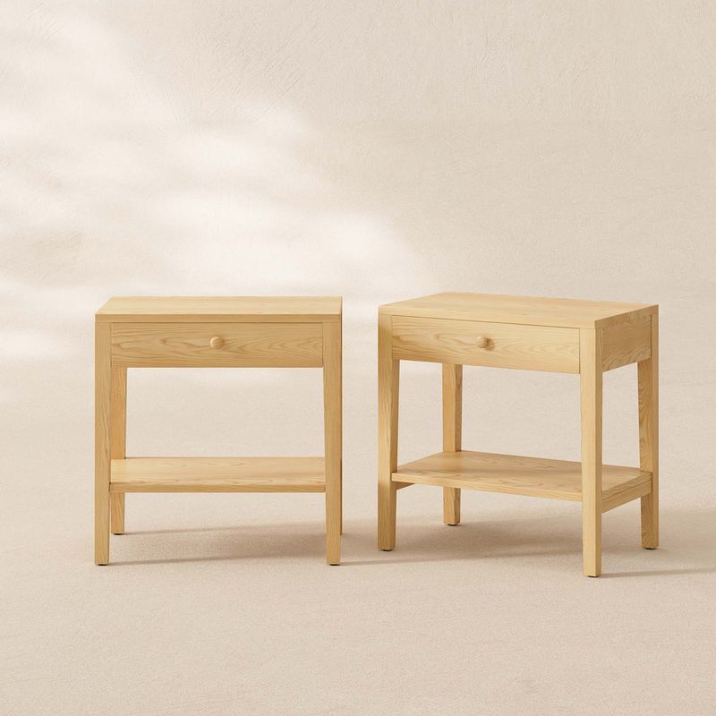 side table, end table, bedside table, couch table, side table with drawer, two tier table, light ashwood, open shelf, rubberwood furniture, sustainable, fully assembled, CPSIA certified, living room organization, serene decor, minimalist side table
