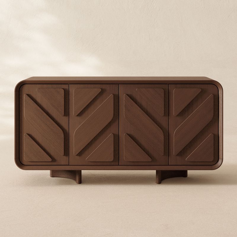 Terranova cabinet, botanical texture furniture, calming storage, soft close door cabinet, rounded corner design, sustainable rubberwood, customizable shelves, quiet grace furniture, eco conscious storage, home organization cabinet