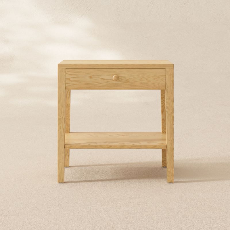 side table, end table, bedside table, couch table, side table with drawer, two tier table, light ashwood, open shelf, rubberwood furniture, sustainable, fully assembled, CPSIA certified, living room organization, serene decor, minimalist side table