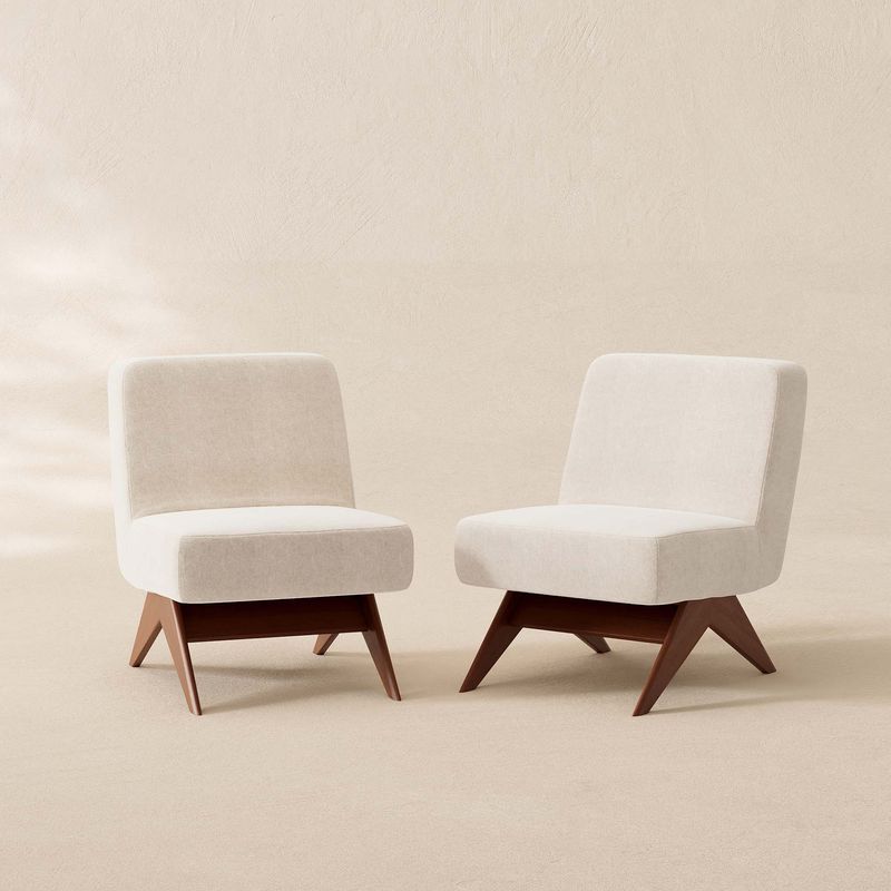 linen armless chair, walnut leg chair, high density foam chair, breathable linen chair, TB117 certified, spill resistant furniture, modern accent chair, solid rubberwood frame, minimalist lounge chair, slow living furniture