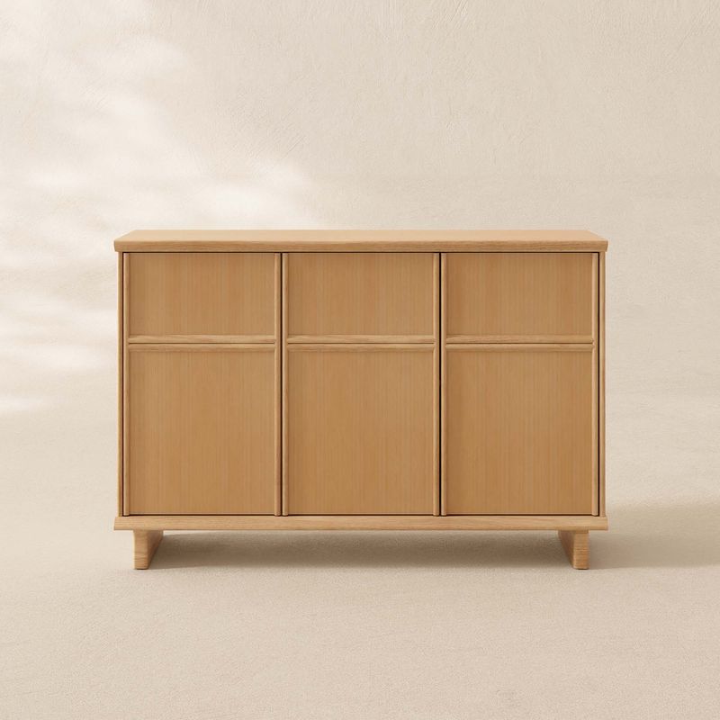 Alvara collection, sideboard, storage cabinet, modern pastoral, rubberwood furniture, three door cabinet, elevated base, mid-century inspired, dining room storage, CPSIA certified