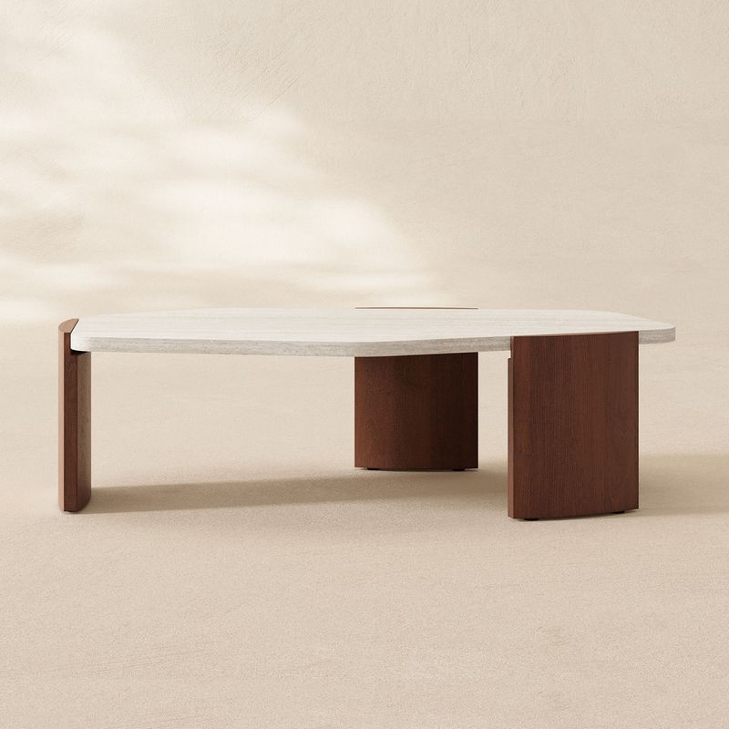 sculptural coffee table, organic modern table, designer coffee table, travertine coffee table, walnut leg furniture, eco conscious luxury, non toxic home