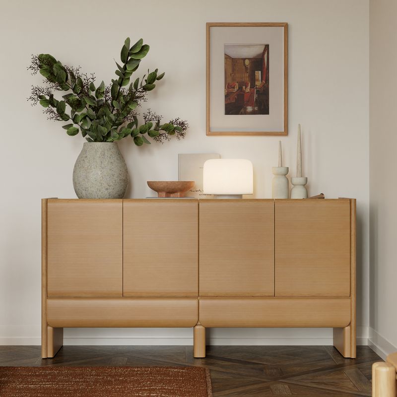 rubberwood buffet, organic curves furniture, adjustable shelf sideboard, dining room storage, clutter free organization, eco friendly furniture, rounded corner design, CPSIA certified dining furniture