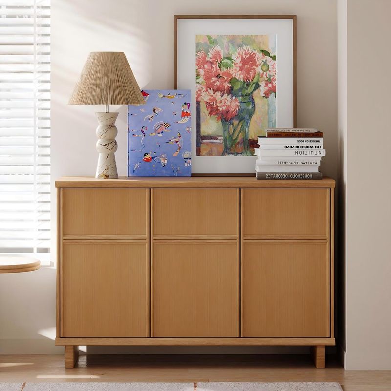 Alvara collection, sideboard, storage cabinet, modern pastoral, rubberwood furniture, three door cabinet, elevated base, mid-century inspired, dining room storage, CPSIA certified